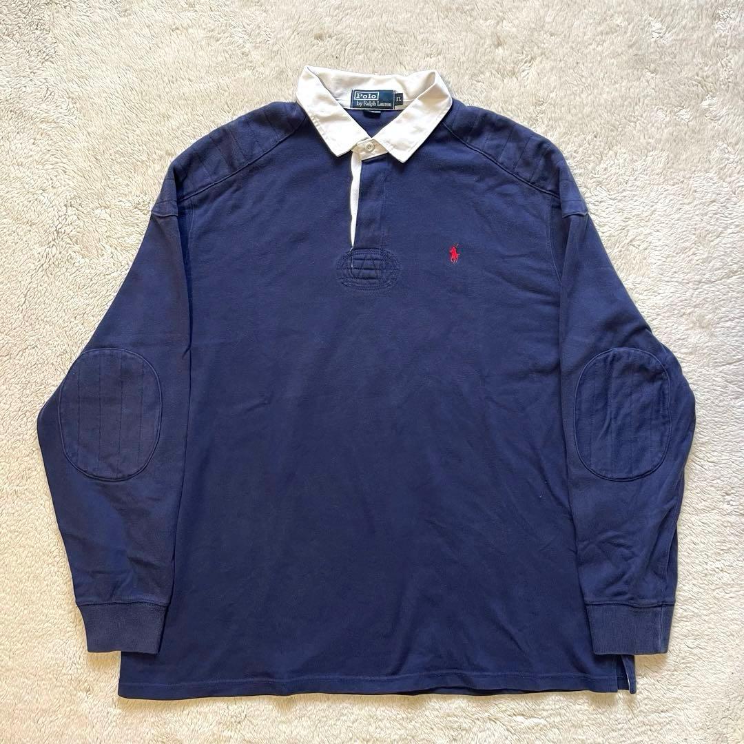 90s ポロ　ラルフローレン　エルボーパッチ　ラガーシャツ　 XL ネイビー 90s ポロ ラルフローレン エルボーパッチ ラガーシャツ XL ネイビー